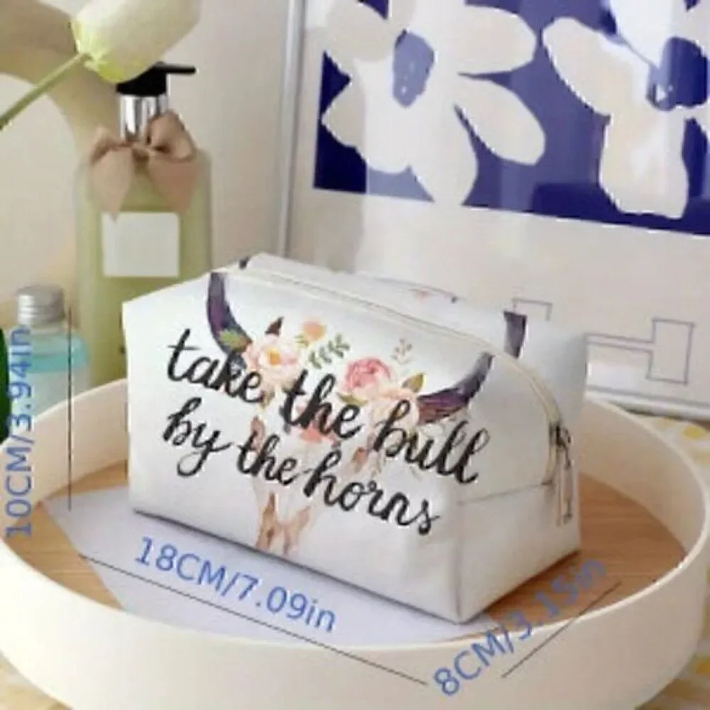 Flower & Bull Head Pattern Makeup Bag, Versatile Storage Bag Carry-On Pouch